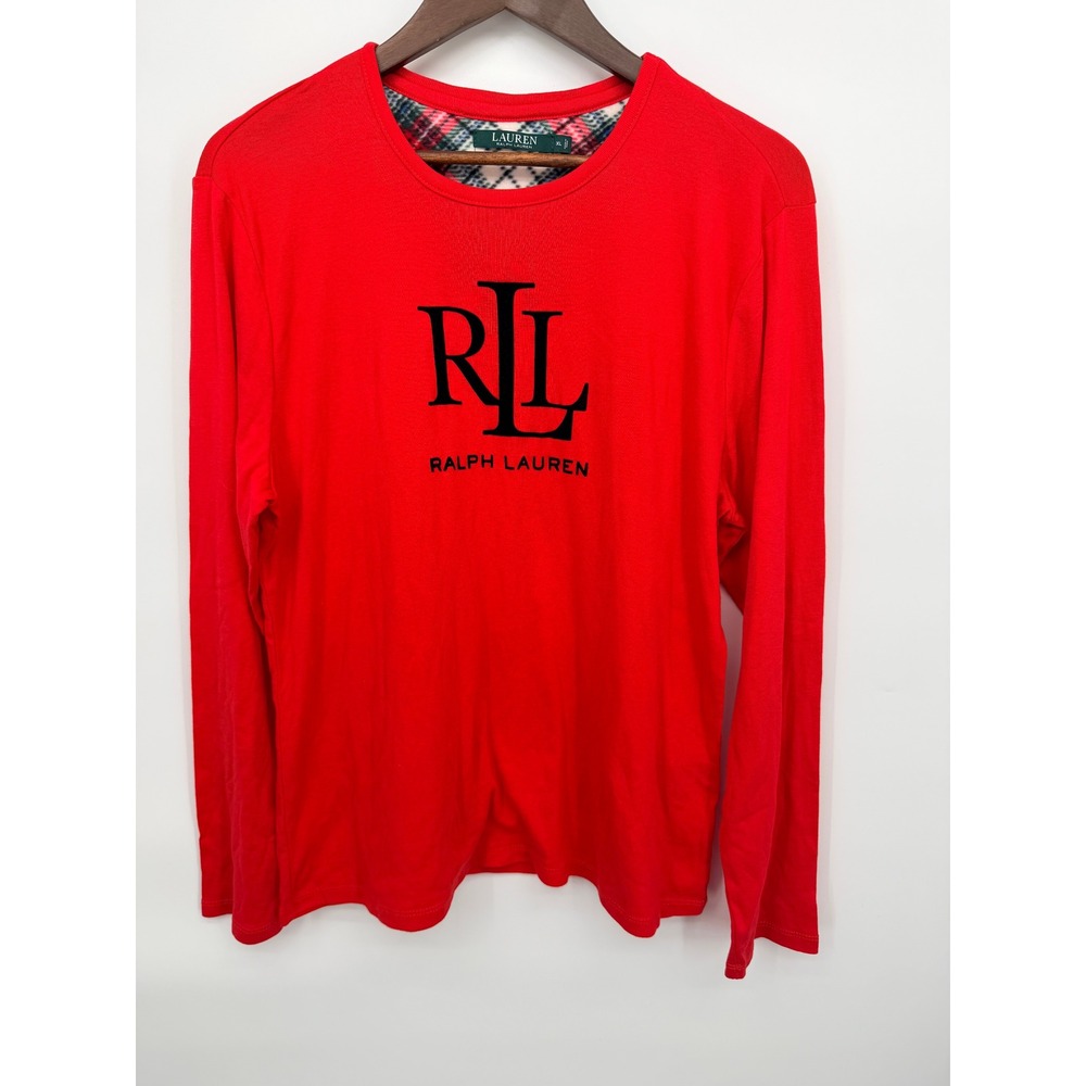 Lauren Ralph Lauren T-Shirt Womens XL Red Excellent Flocked Logo Long Sleeve Tee